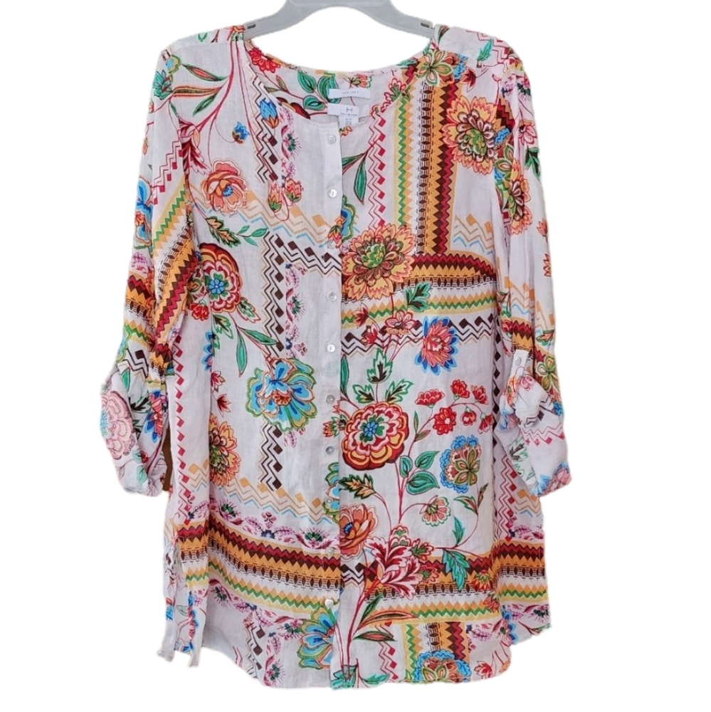 H by Halston White Floral & Geometric Print Button-Up Blouse